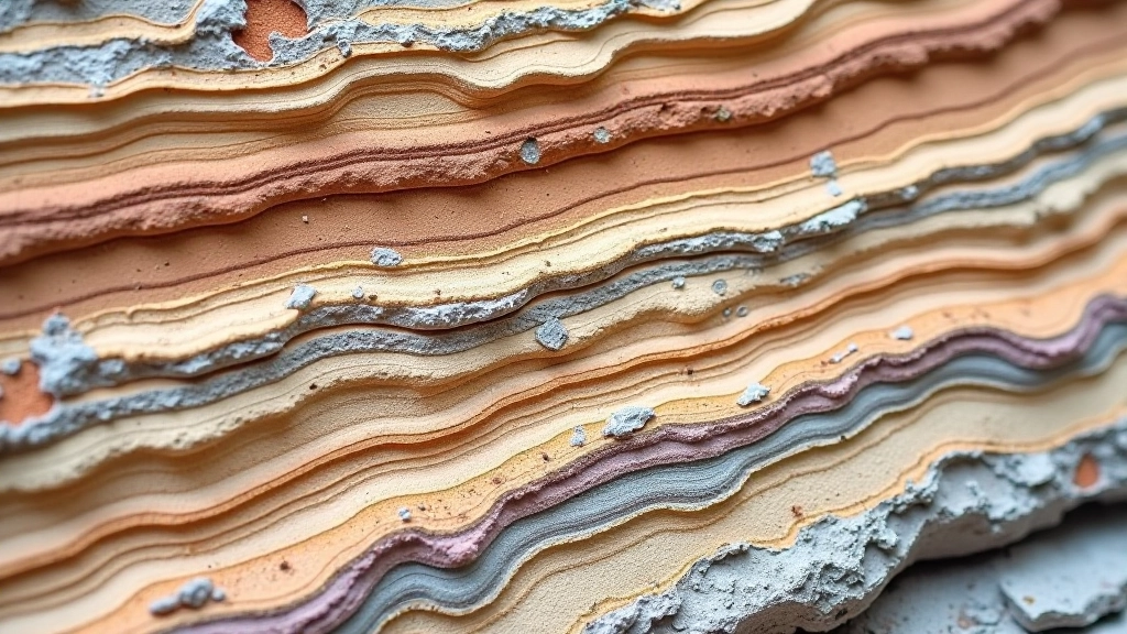 Sluoksniai smėlynės uoloje su skirtingomis spalvomis ir tekstūromis, demonstruojantys geologinės istorijos kelis periodus