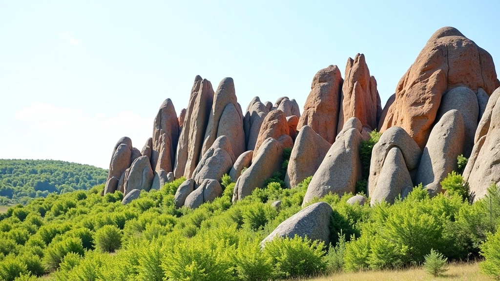 Rūdas ir pilkos uolos iškyšuliai su žalia augmenija apačioje