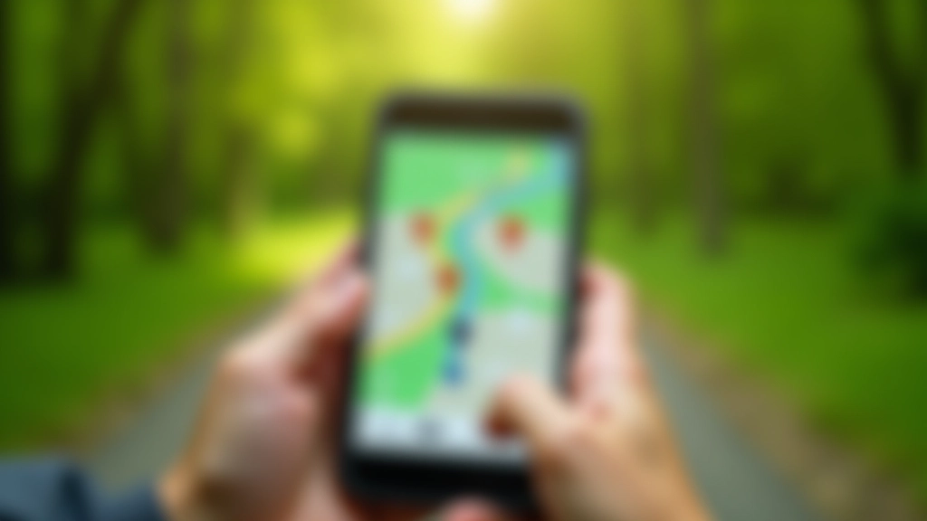 Išmanusis telefonas su GPS žemėlapiu ekrane, lauko nuotrauka, žalios augalijos, navigacijos rodyklė